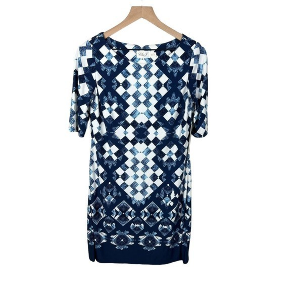 Eliza J Womens Blue‎ White Geometric Print Half Sleeve Sheath Jersey Dress 6 NWT